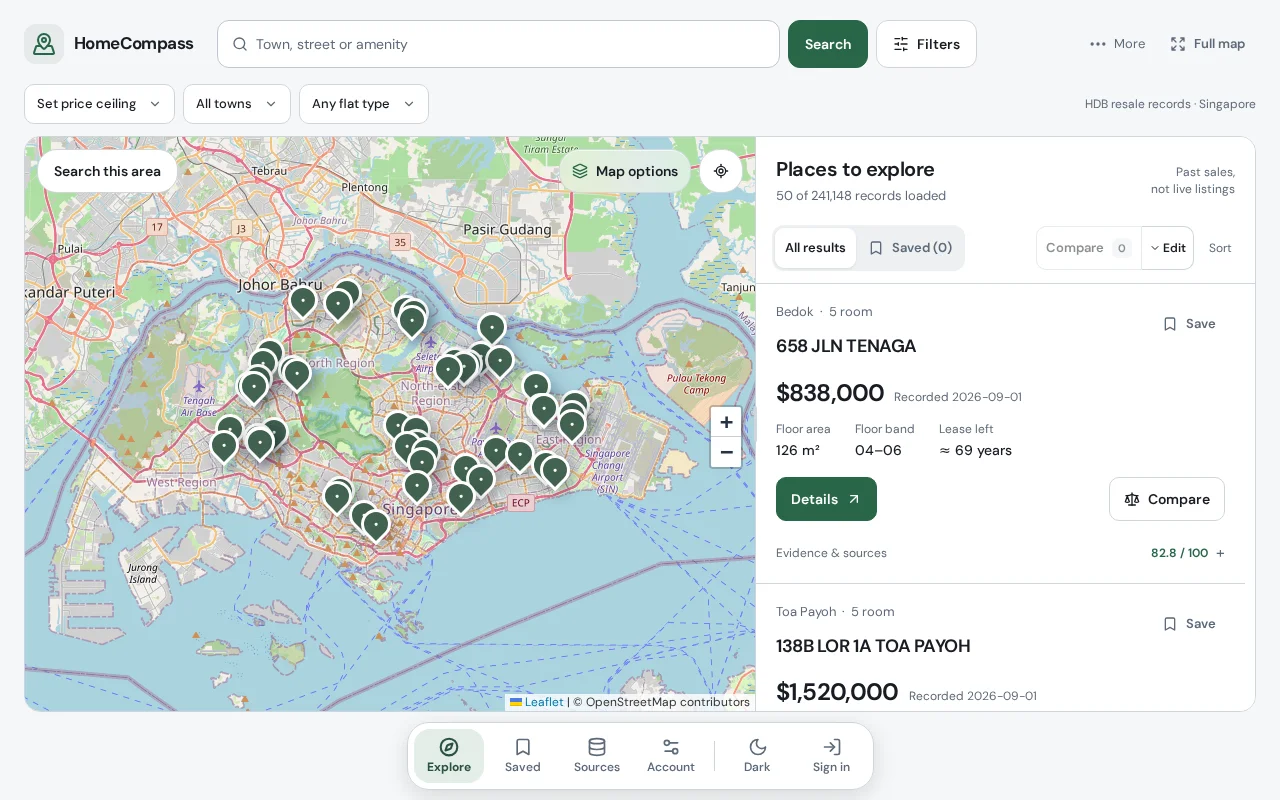 HomeCompass Explore with a Singapore map and recorded HDB resale transactions